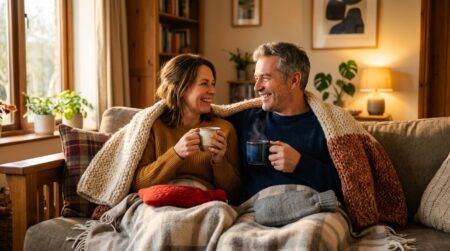 Couple sans chauffage avec bouillottes à la maison
