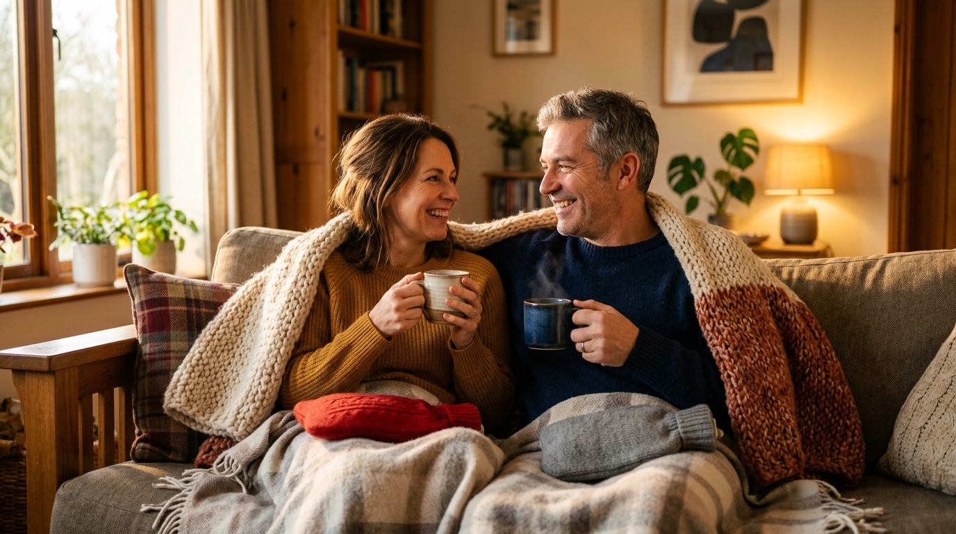 Couple sans chauffage avec bouillottes à la maison