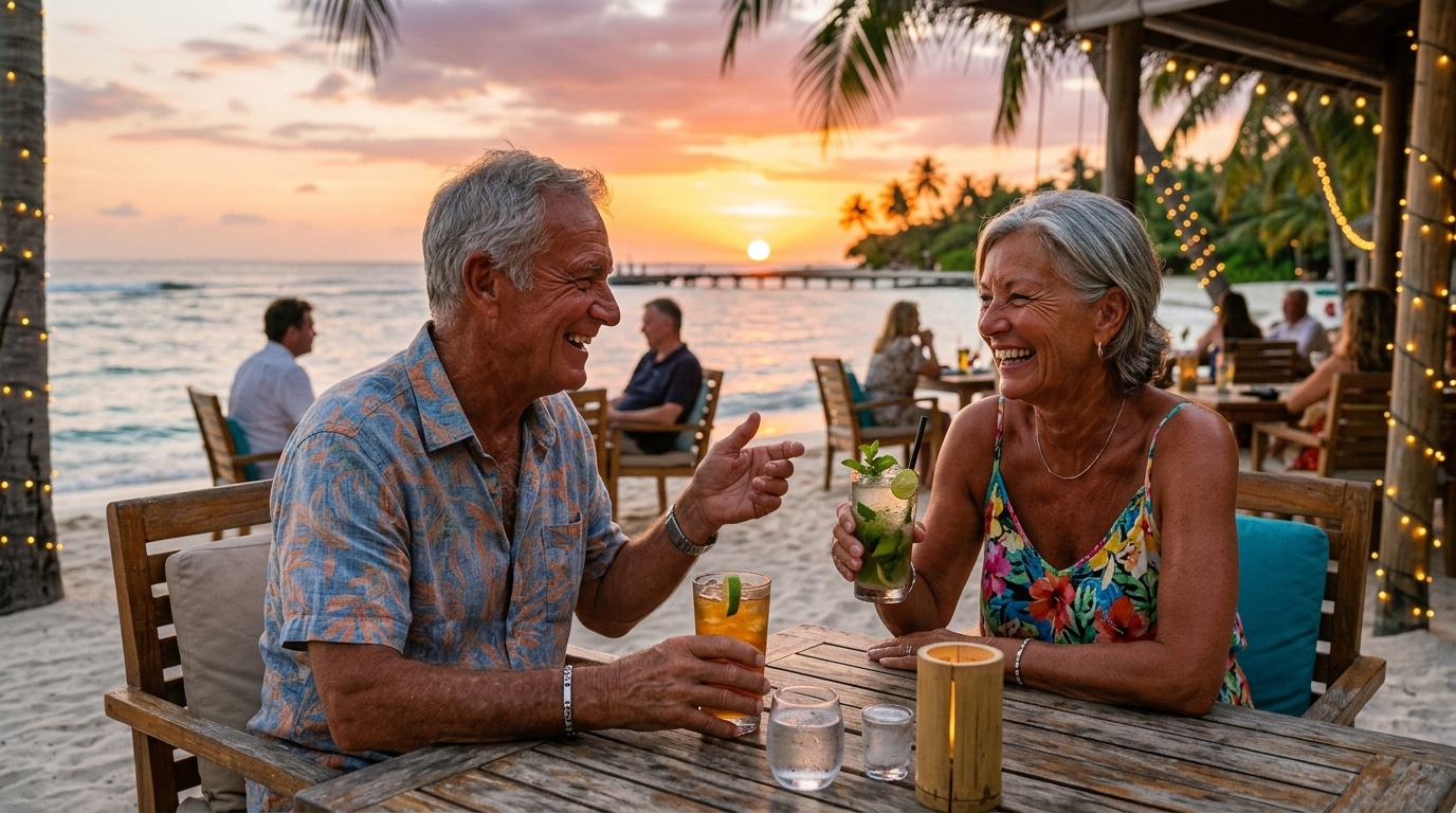 Couple retraité détendu en vacances à la plage