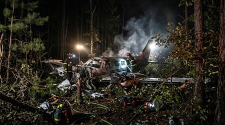 Débris d'avion léger dans une forêt nocturne