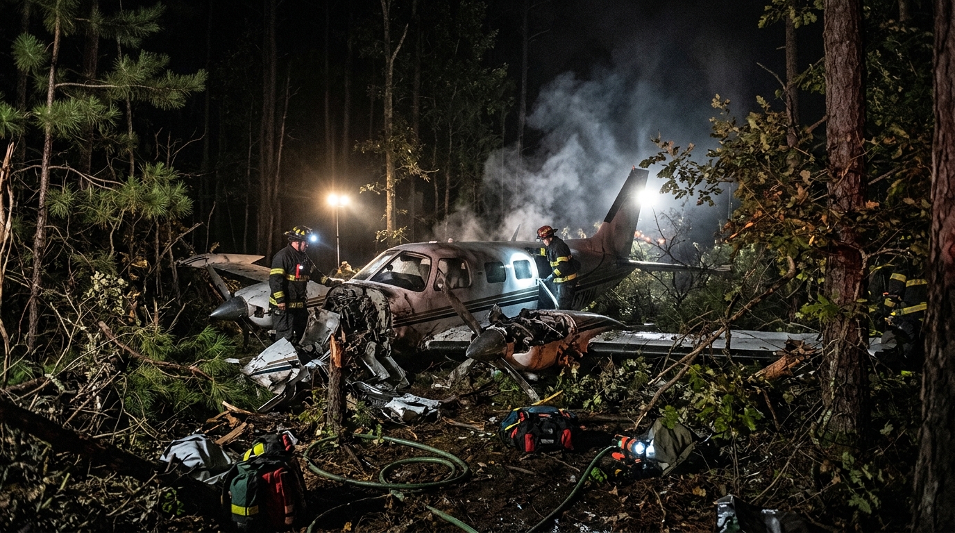 Débris d'avion léger dans une forêt nocturne