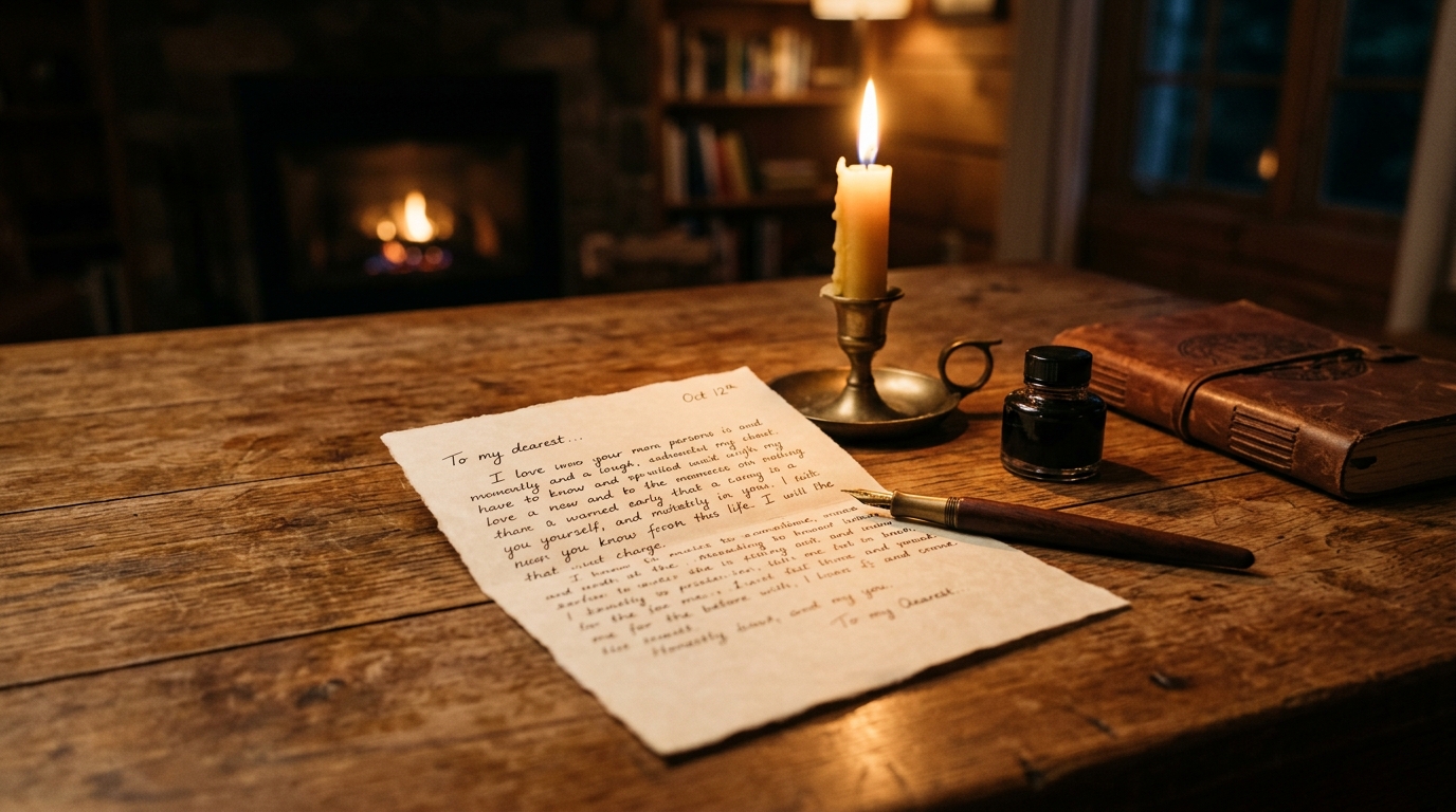 Lettre manuscrite posée sur une table en bois à la lueur d'une bougie, évoquant les derniers mots d'une mère