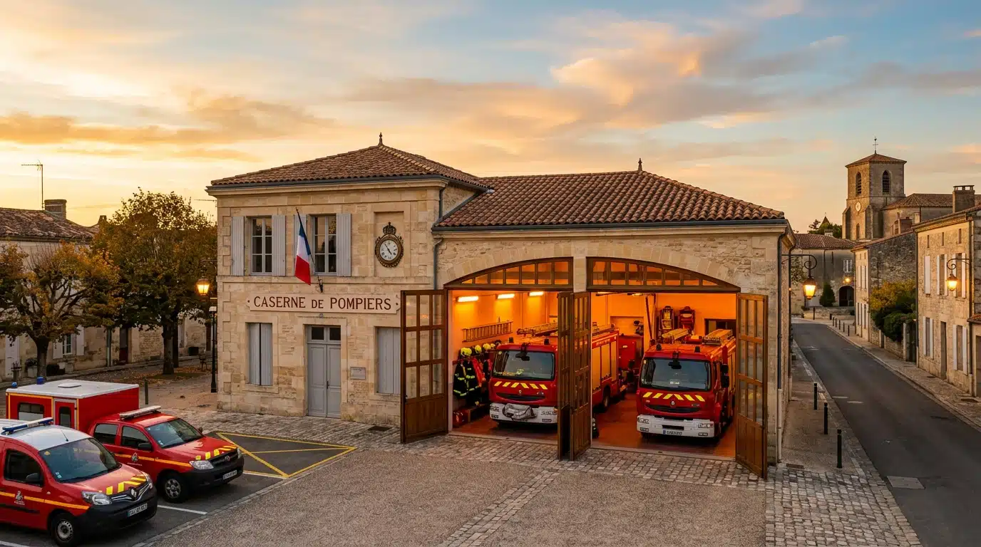 Caserne de pompiers française au coucher du soleil avec camions rouges