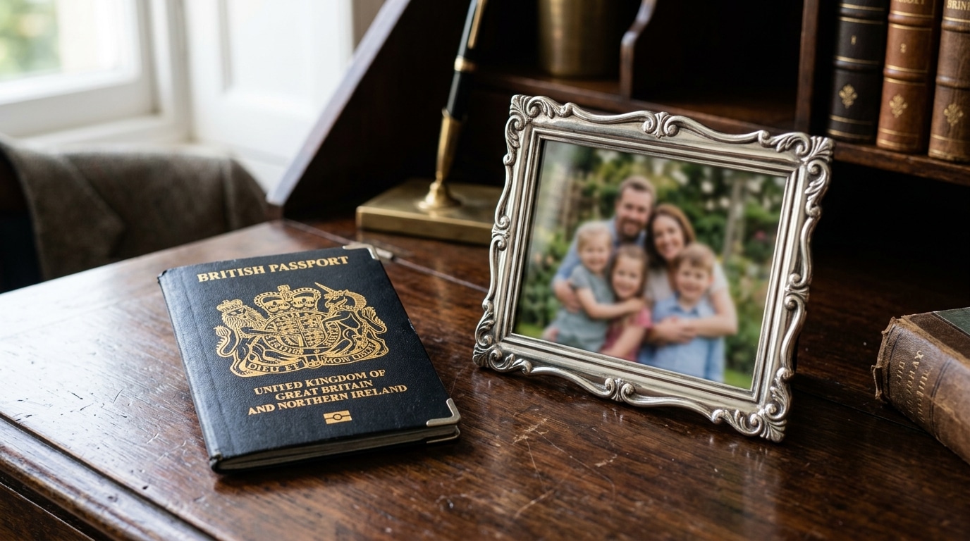 Passeport royal britannique et cadre photo posés sur un bureau en bois