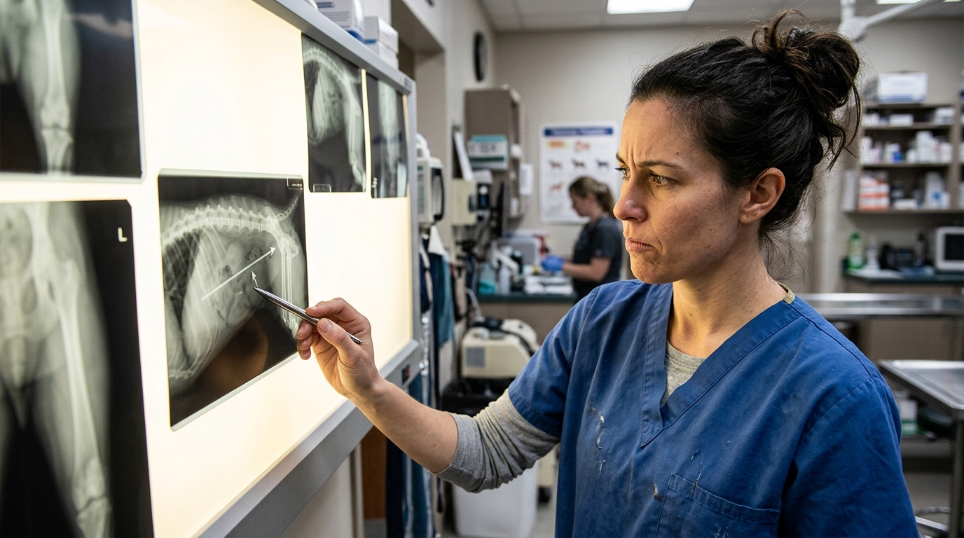 Vétérinaire examinant la radiographie du chat transpercé