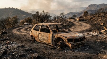 Carcasse de voiture calcinée sur un chemin de terre