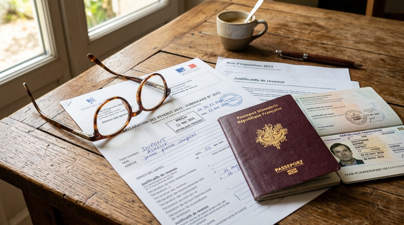 Documents administratifs français et lunettes sur une table en bois