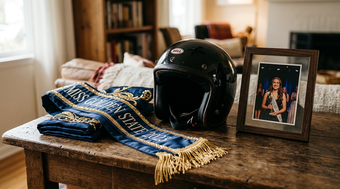 Écharpe de Miss et casque de moto sur une table en bois