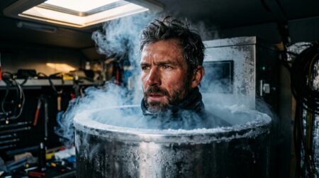 Coureur immergé dans une cabine de cryothérapie glacée