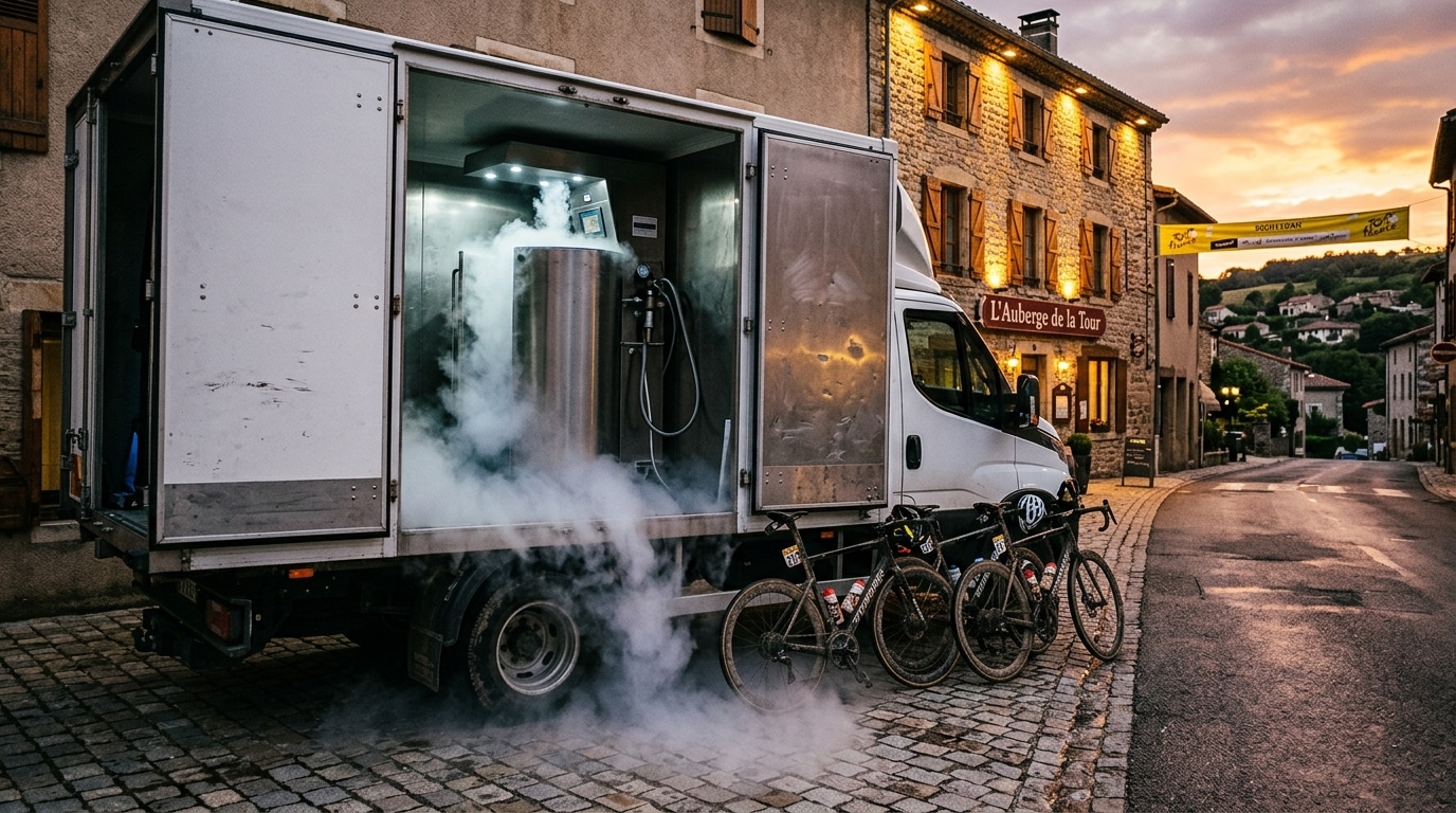 Camion de cryothérapie garé près d'un hôtel d'étape