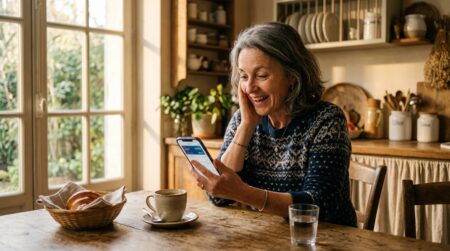 Femme vérifiant un virement bancaire sur son téléphone