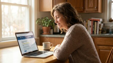 Femme devant un ordinateur portable découvrant son avis d'impôt