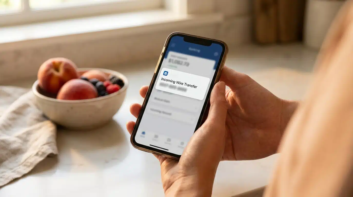 Écran de téléphone affichant une notification de virement bancaire
