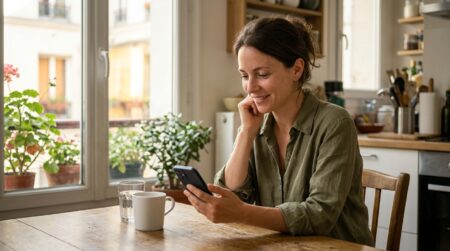 Personne souriante consultant son compte bancaire sur smartphone