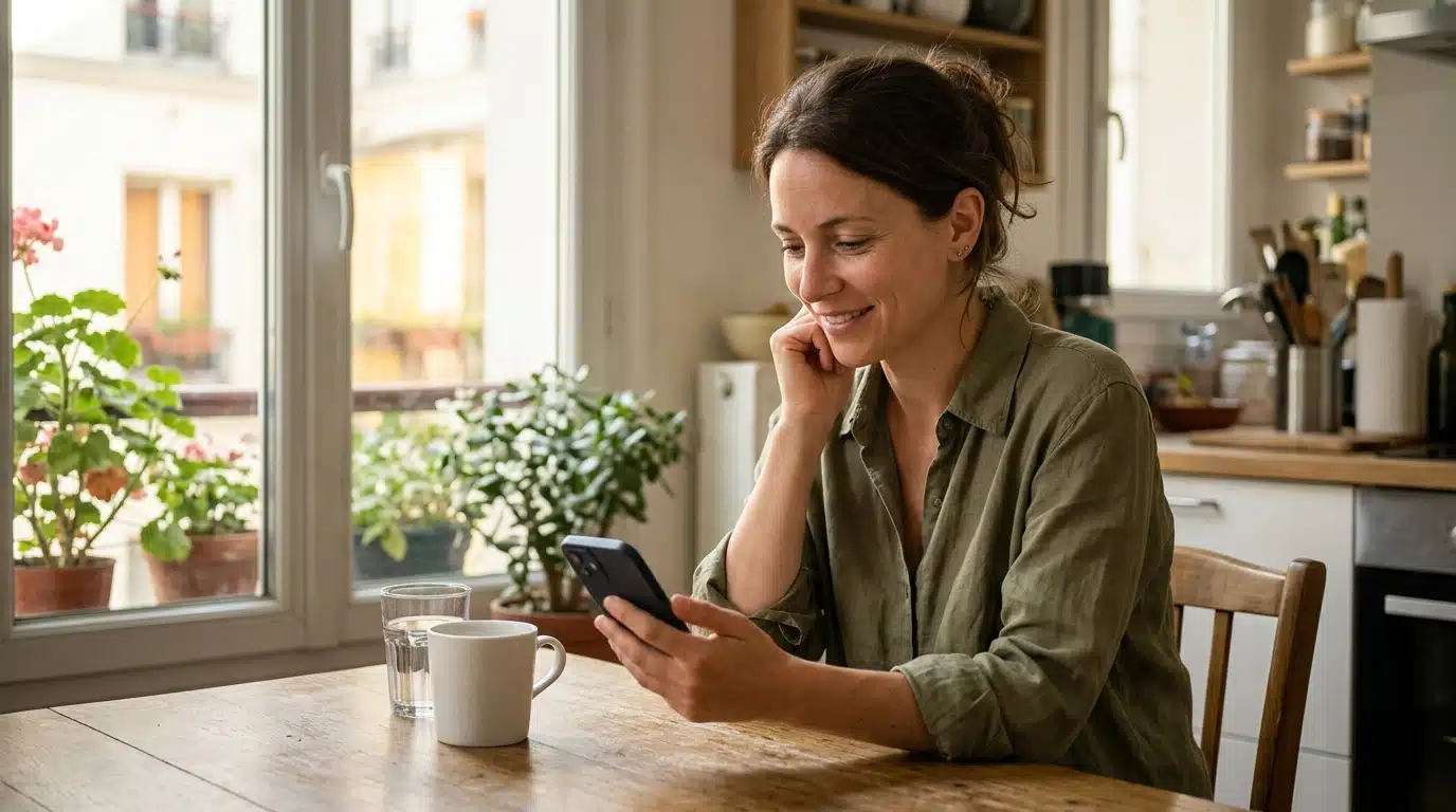 Personne souriante consultant son compte bancaire sur smartphone
