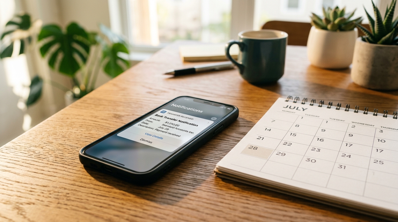 Notification de virement bancaire sur téléphone près d'un calendrier