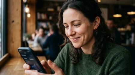 Personne souriante consultant son application bancaire sur smartphone