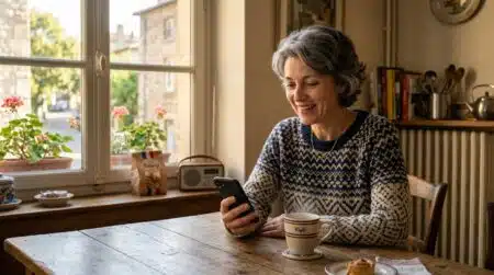 Femme souriante consultant son application bancaire chez elle