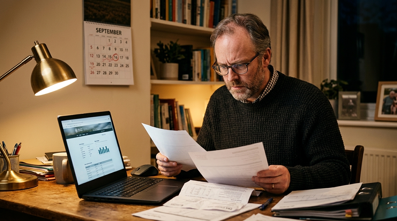 Homme inquiet consultant un avis d'imposition à son bureau