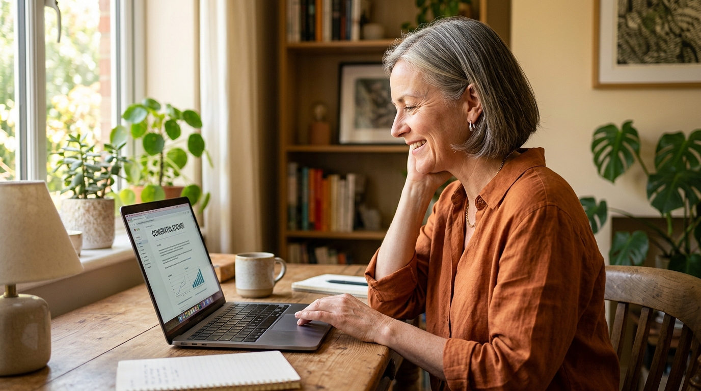 Personne souriante consultant son ordinateur à son bureau