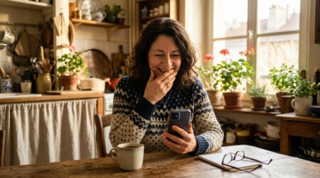 Femme souriante consultant un virement bancaire sur son téléphone