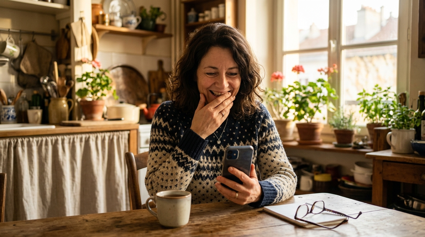Femme souriante consultant un virement bancaire sur son téléphone