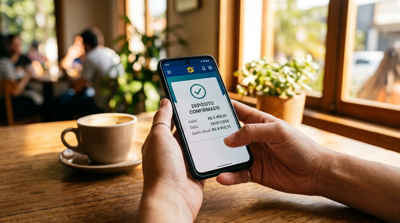 Mains tenant un smartphone affichant une notification de virement