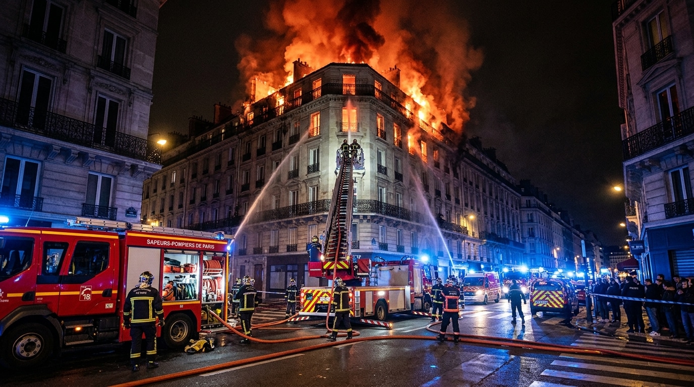 Pompiers luttant contre un incendie de nuit à Poitiers
