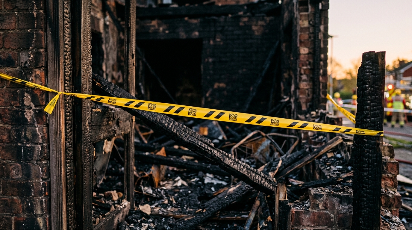 Ruban de police devant un bâtiment incendié