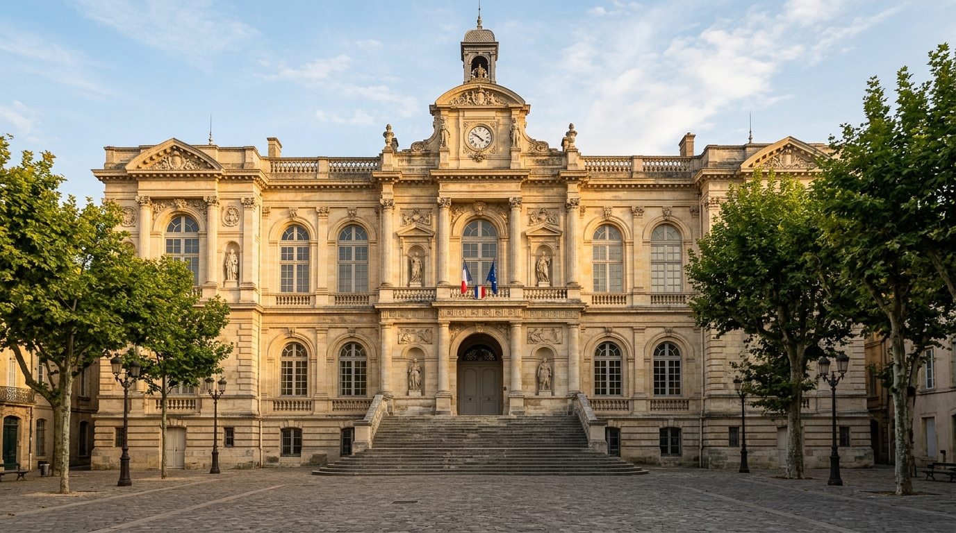 Façade d'un tribunal français en fin de journée