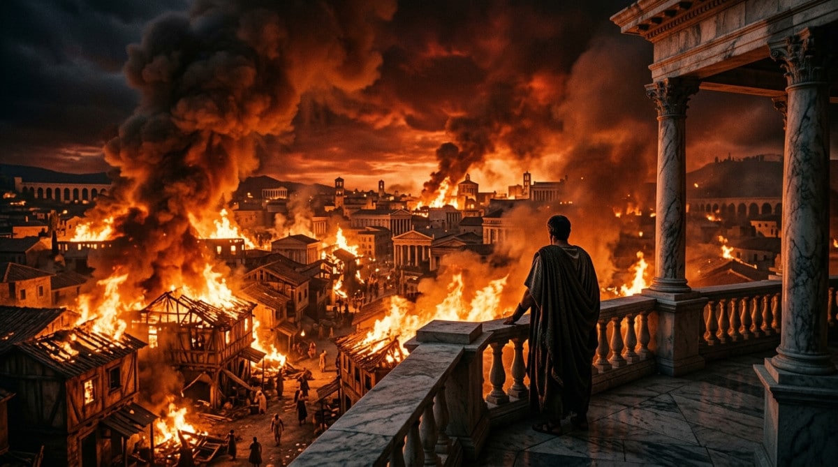 Incendie de Rome en l'an 64 avec Néron observant les flammes