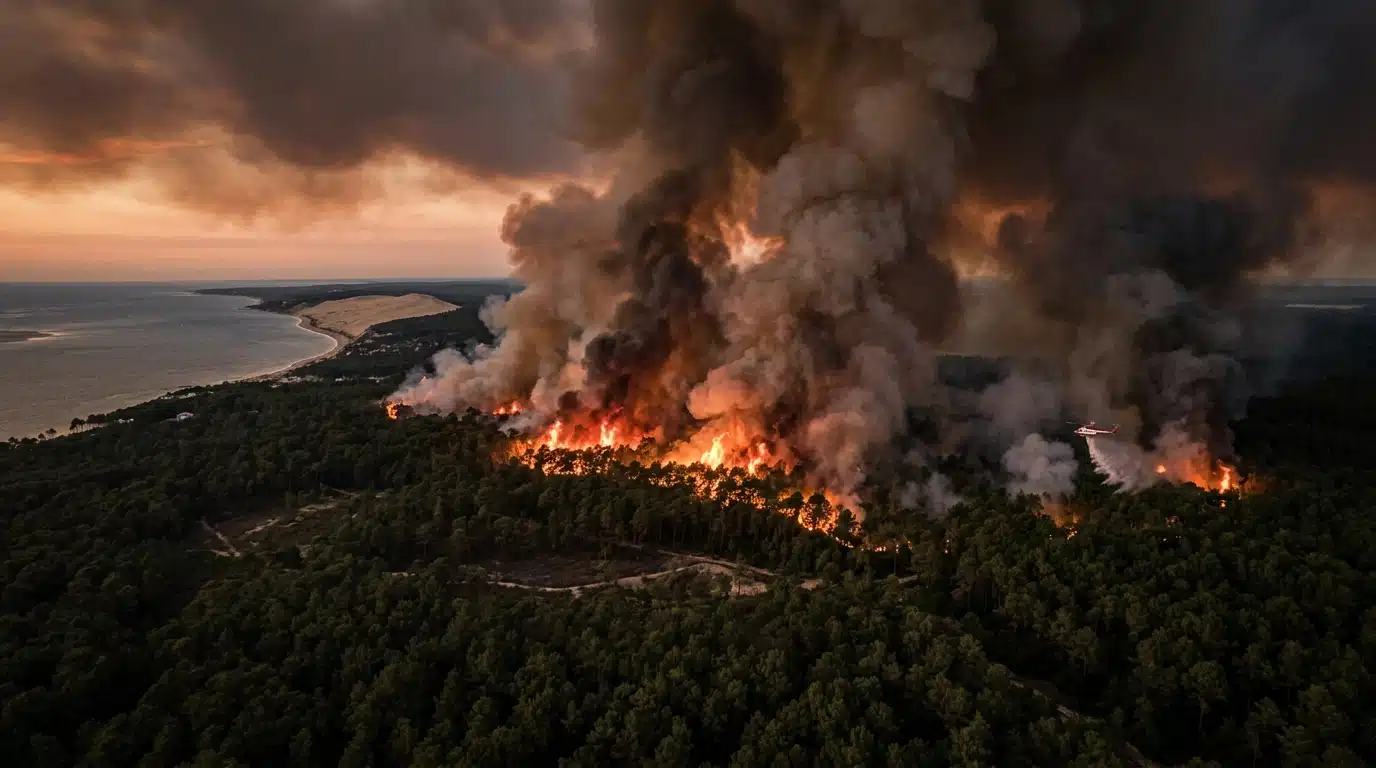 Fumée de l'incendie s'élevant au-dessus du bassin d'Arcachon