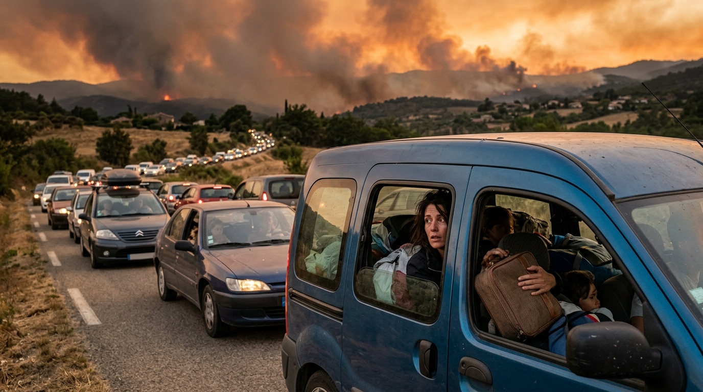 Famille évacuant en voiture face à l'incendie en Gironde