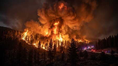 Incendie de forêt la nuit avec fumée orange intense