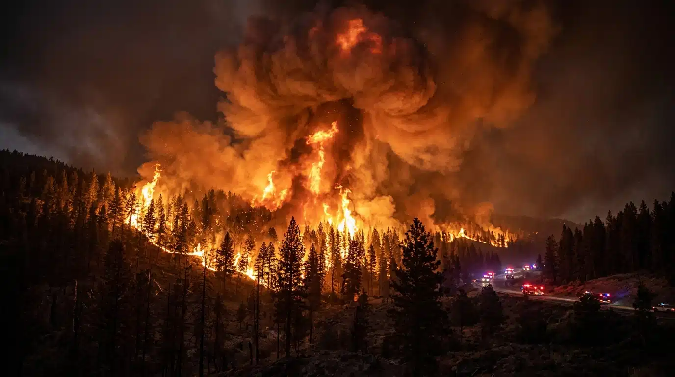 Incendie de forêt la nuit avec fumée orange intense
