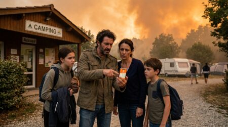 Famille inquiète devant un camping avec ciel enfumé