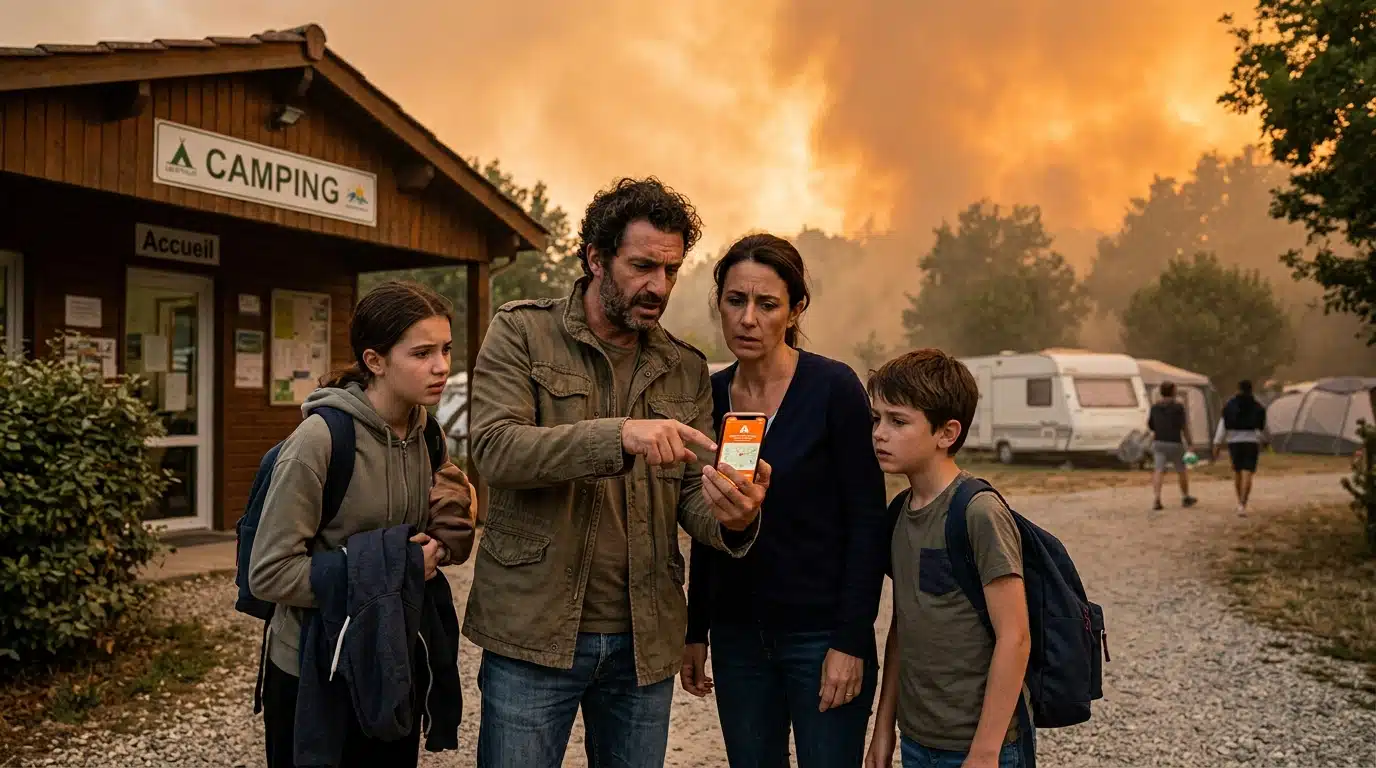 Famille inquiète devant un camping avec ciel enfumé