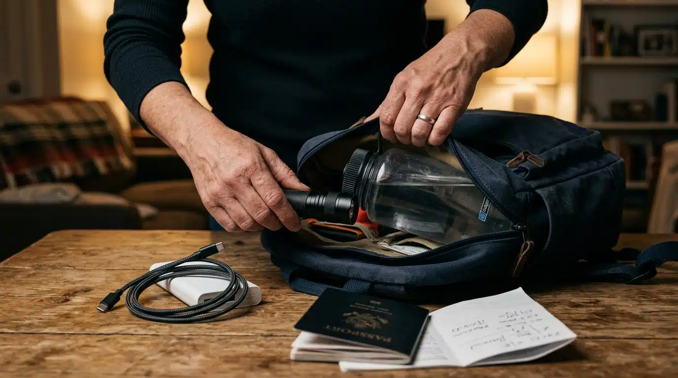 Sac d'urgence préparé avec papiers et lampe torche