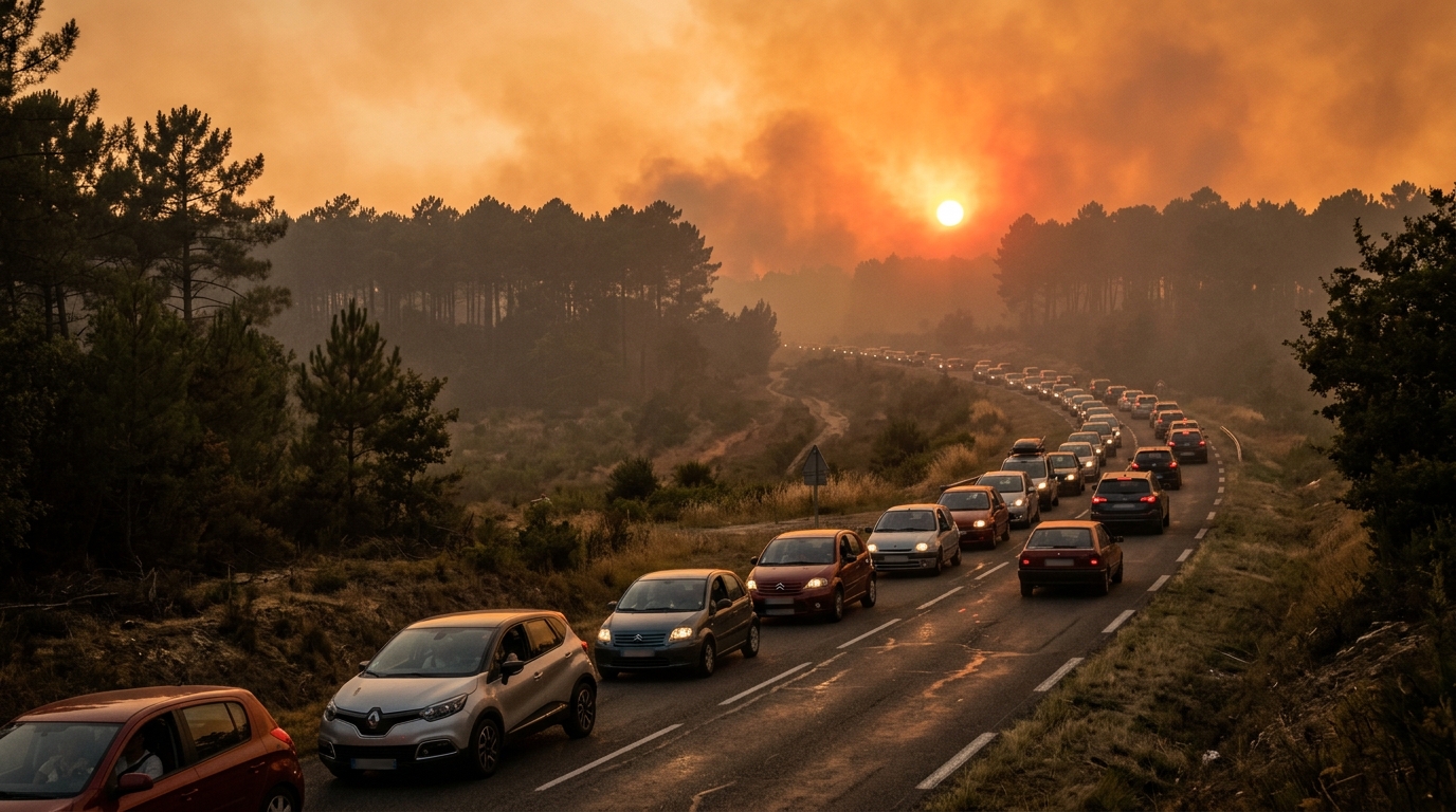 File de voitures évacuant une route près d'une forêt en feu