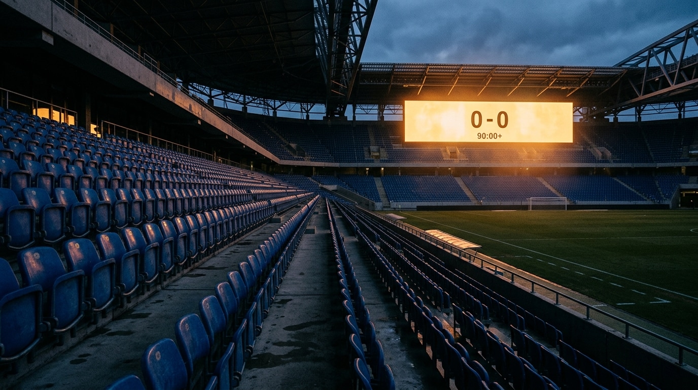 Stade de football vide au crépuscule avec écran géant