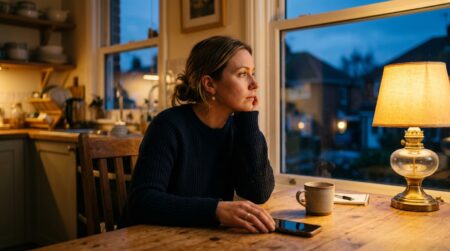 Femme pensive assise seule à une table le soir