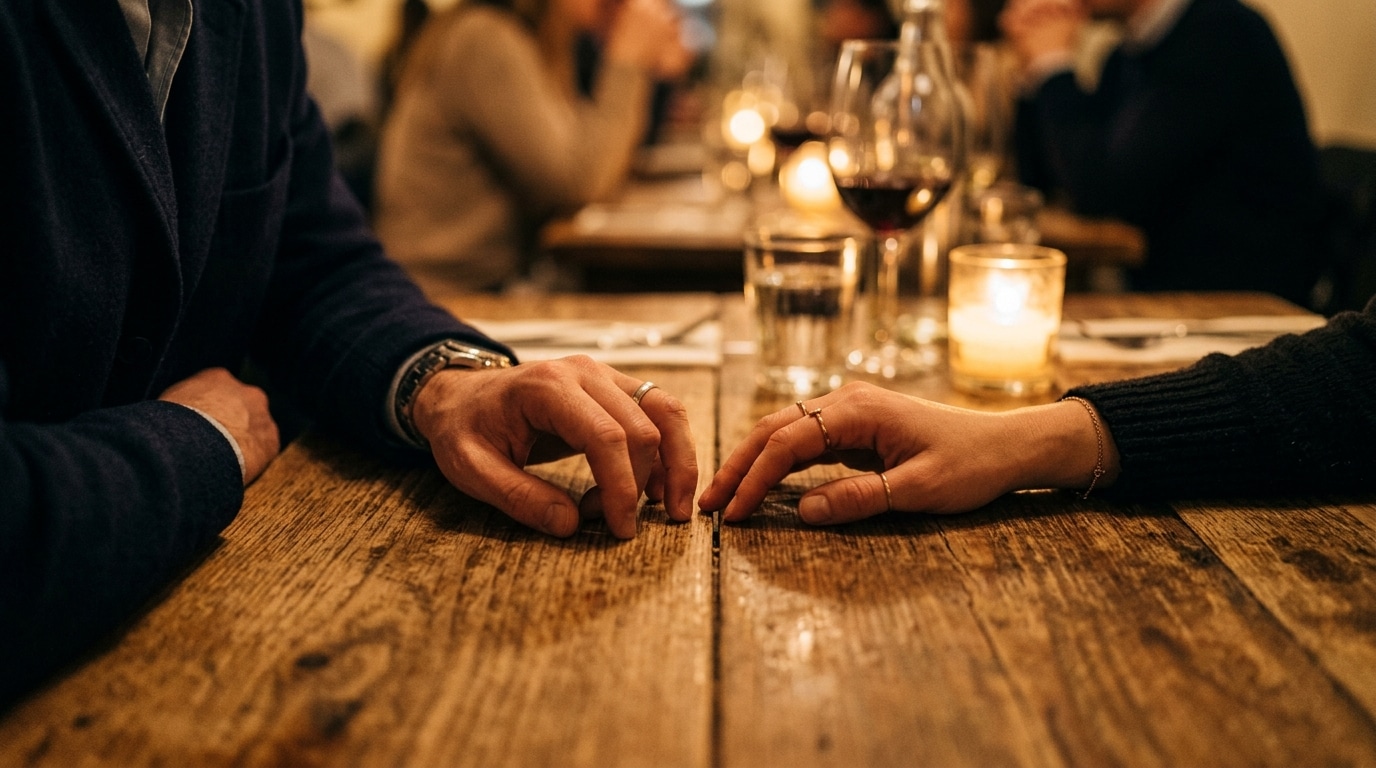 Couple aux mains proches sur une table de restaurant