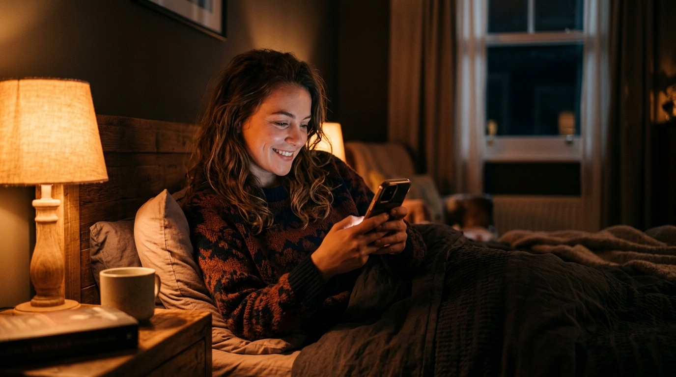 Femme souriant en regardant son smartphone la nuit