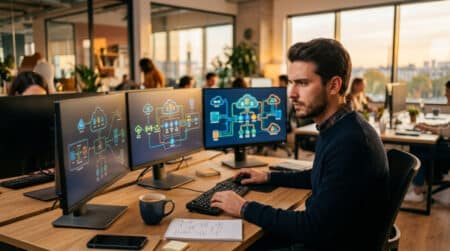 Ingénieur cloud travaillant sur des serveurs en entreprise