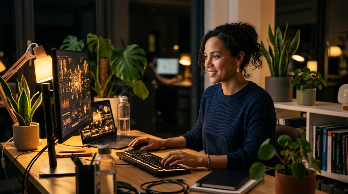 Ingénieure en intelligence artificielle devant ses écrans