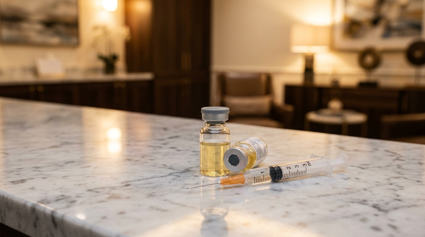 Flacon et seringue sur une table en marbre dans une clinique privée suisse luxueuse