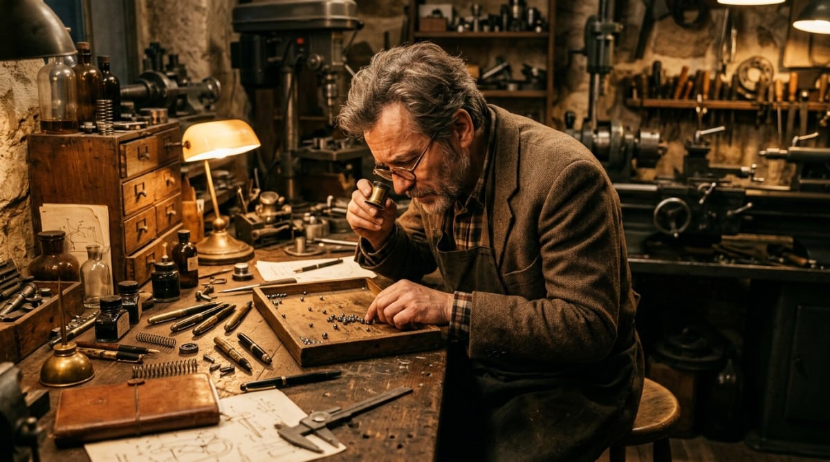 Inventeur observant des billes métalliques dans un atelier