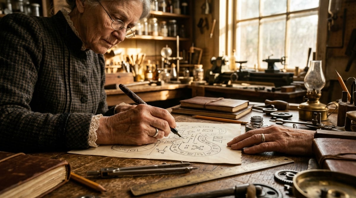 Inventrice dessinant les plans d'un jeu de plateau ancien
