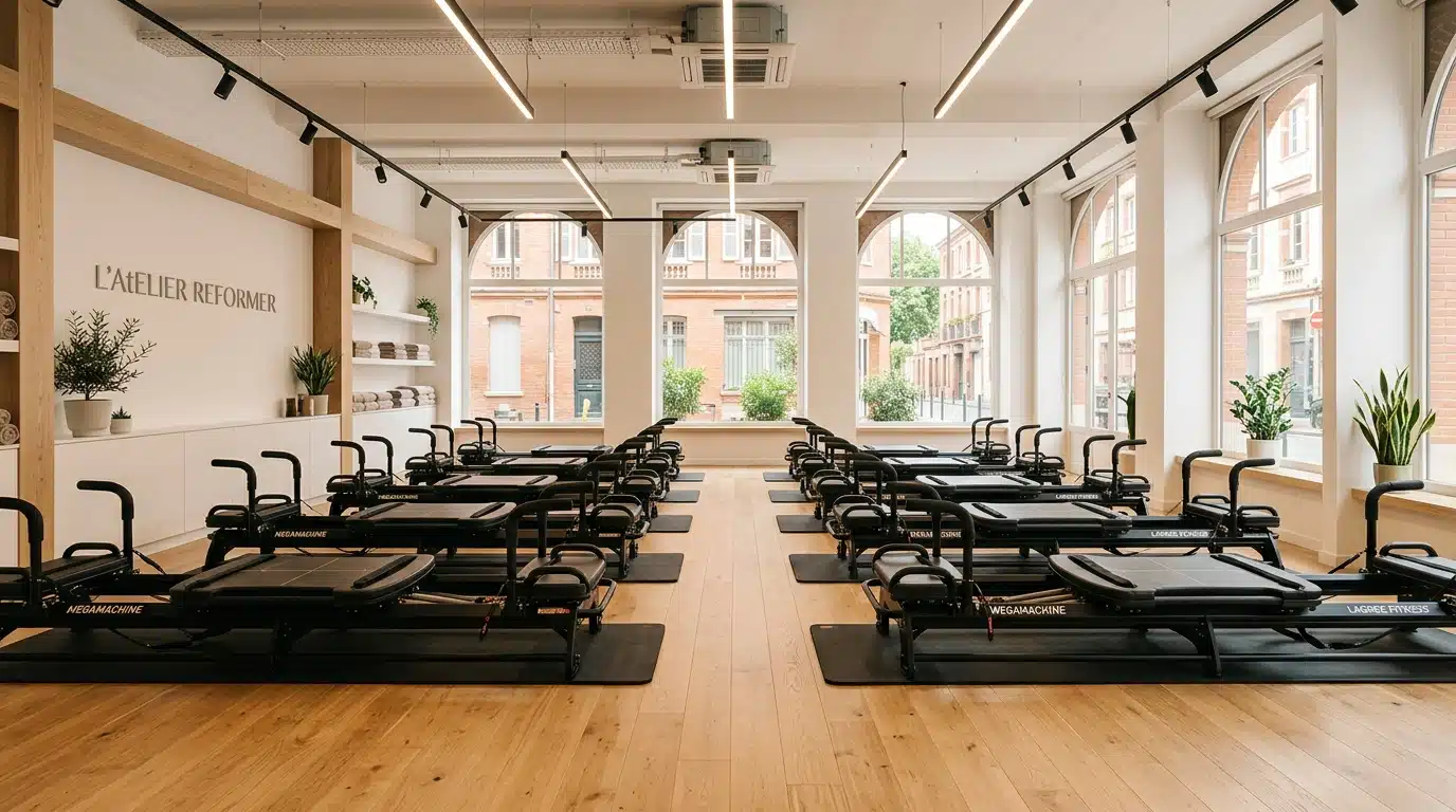 Studio de Pilates moderne avec machines Megaformer alignées