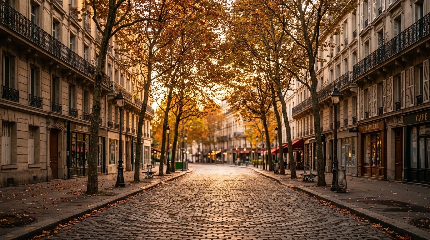 Rue parisienne bordée d'arbres au coucher de soleil, lumière dorée filtrant à travers les feuilles